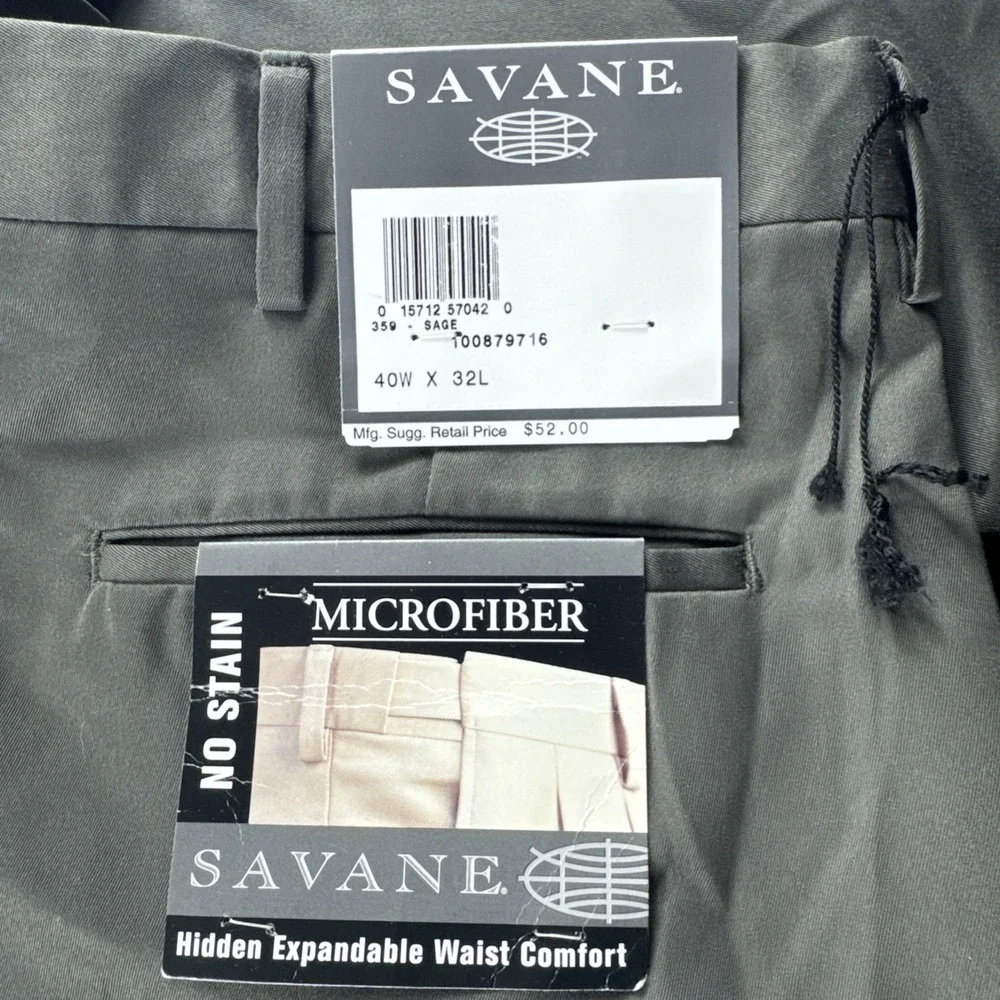 Savane Microfiber Dress Pants Mens 40x32 Green Pleated Cuffed No Stain Chino NEW
